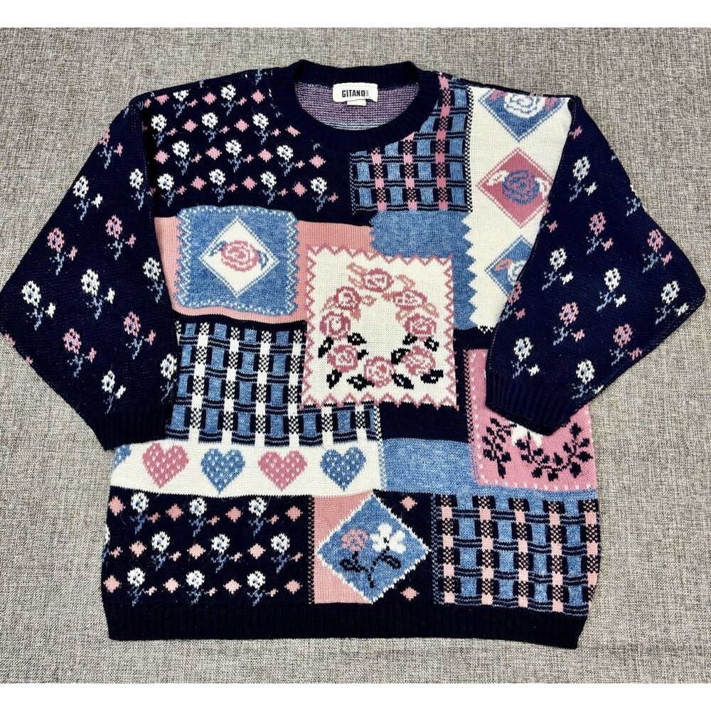 Vintage 80/90s Gitano Patchwork Floral Heart Knit Sweater Navy & Pink Size Large